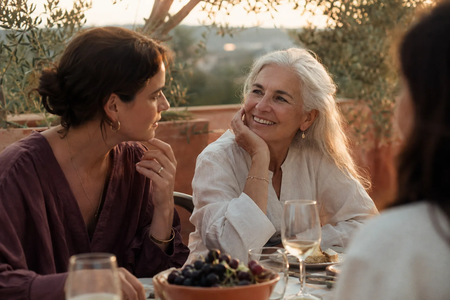 An illustrative scene of family and friends enjoying a conversation over dinner outdoors
