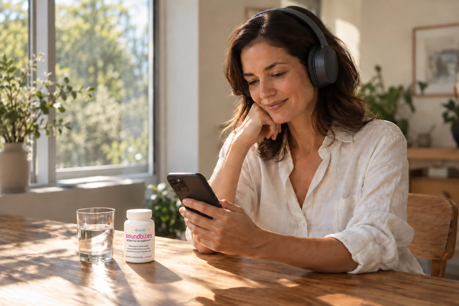 Proactive Hearing Care with ACEMg and Soundware Woman wearing headphones and using a smartphone beside a Soundbites ACEMg bottle and a glass of water.